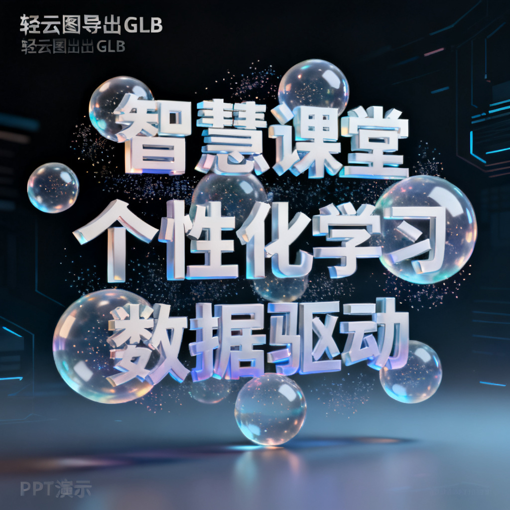 轻云图导出的GLB格式3D文字云模型，在PPT演示中被鼠标拖拽旋转，关键词“智慧课堂”、“个性化学习”、“数据驱动”以立体球状排列，带有半透明材质和粒子效果，背景为深色科技感渐变。