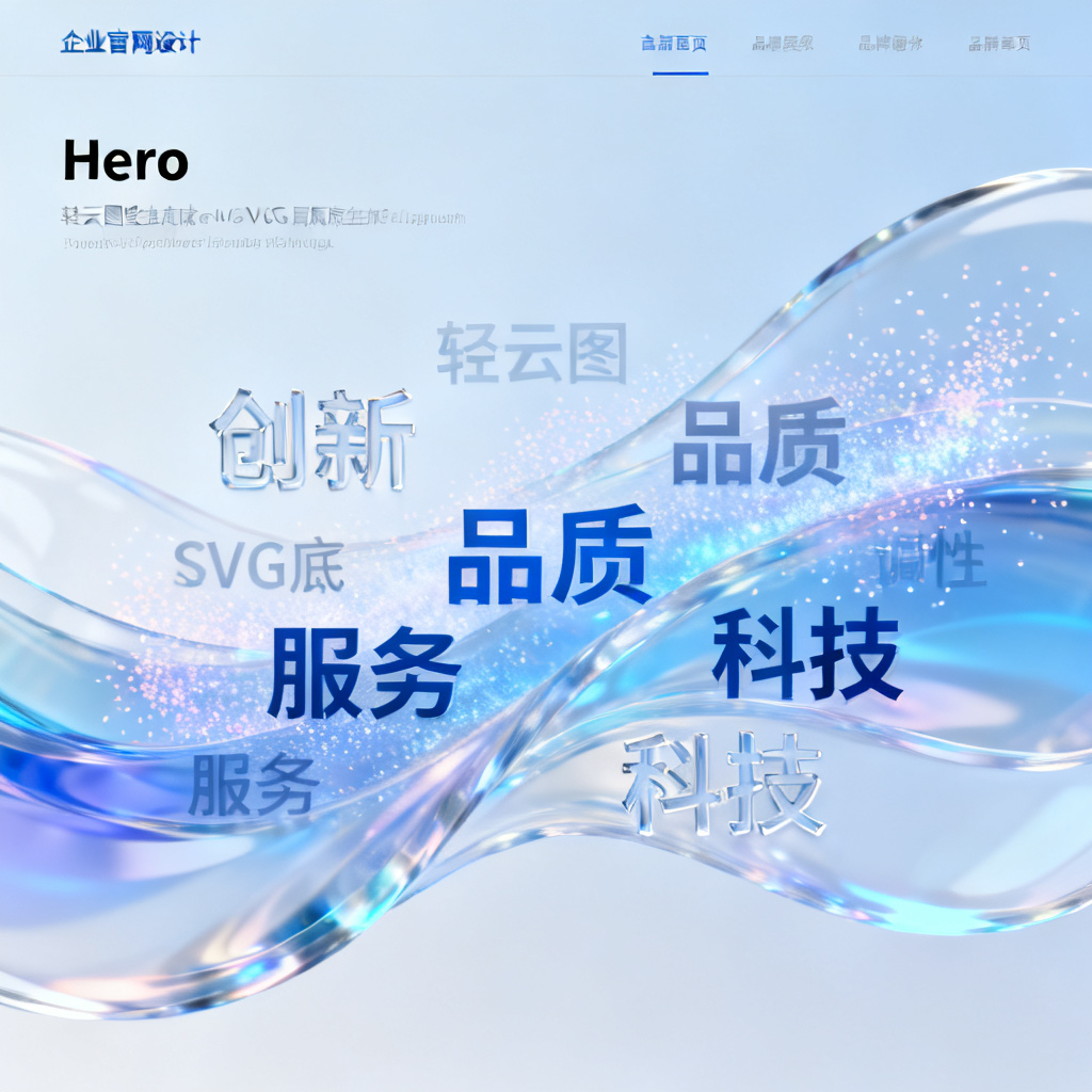 一个企业官网首页，Hero区域展示轻云图生成的透明底SVG词云，品牌关键词呈现在动态背景中