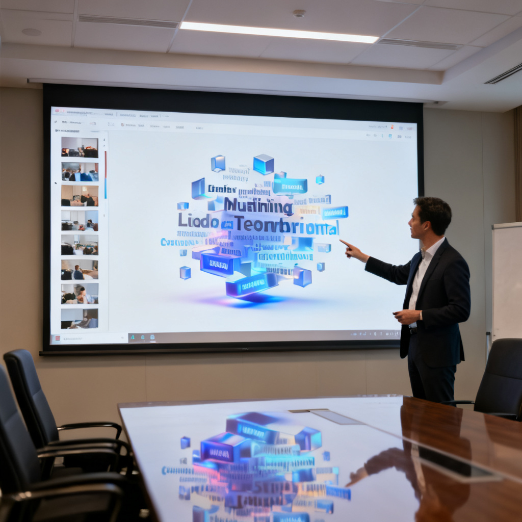 A presenter pointing at a large screen displaying an interactive 3D word cloud model, with slide thumbnails visible, in a modern conference room.