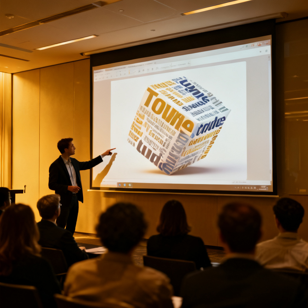A presenter stands next to a large projection screen, pointing at a rotating 3D word cloud displayed within a PowerPoint slide. The audience is visible in the foreground, looking engaged. The setting is a modern conference room with dimmed lights.