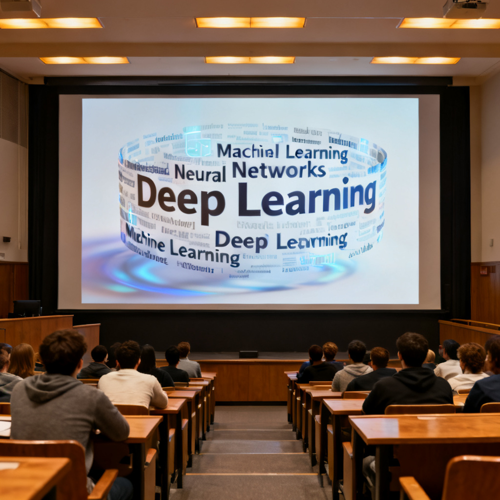 A university lecture hall with a large screen showing a 3D word cloud rotating in real-time, keywords like "Machine Learning", "Neural Networks", "Deep Learning" highlighted, audience attentively watching, realistic lighting