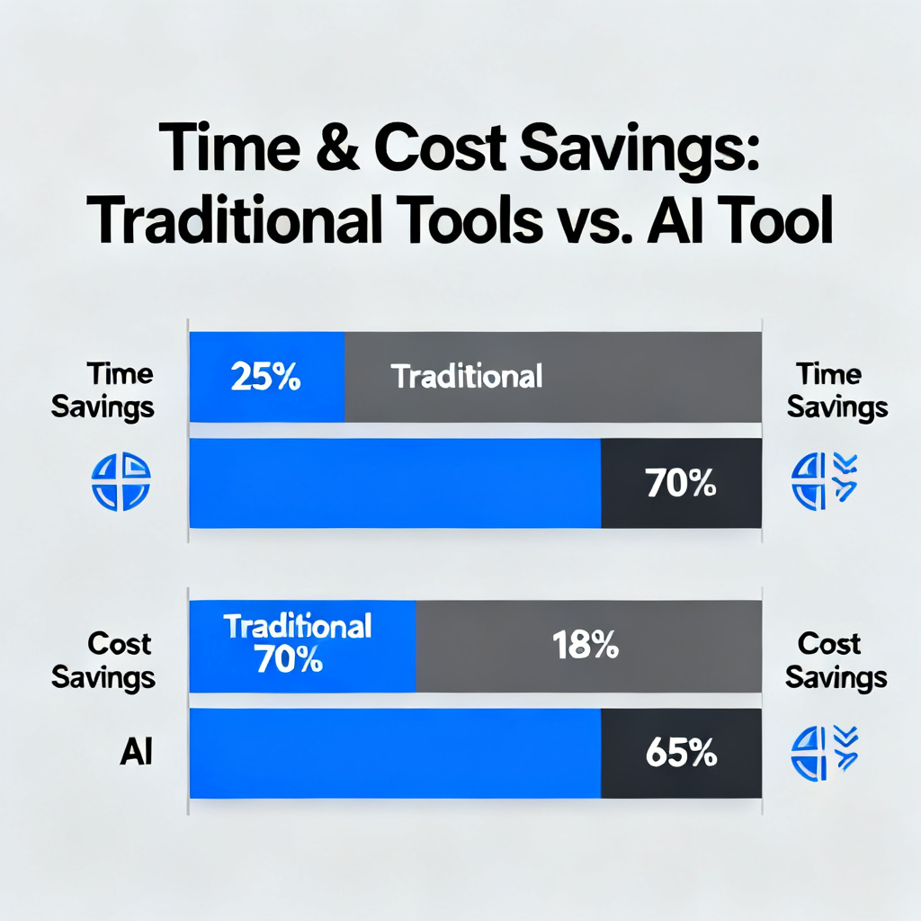 An infographic comparing time and cost savings between traditional tools and a new AI tool, with bar charts and percentage icons, professional, clean design.