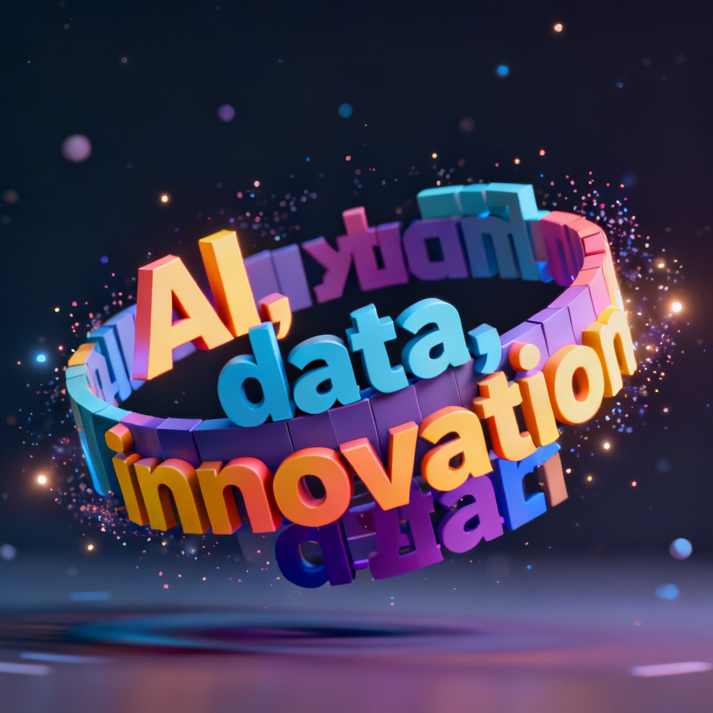 A 3D word cloud with vibrant colors rotating in space, with words like "AI," "data," and "innovation" prominently displayed, surrounded by a subtle particle animation effect, showcasing the 3D capability of the tool