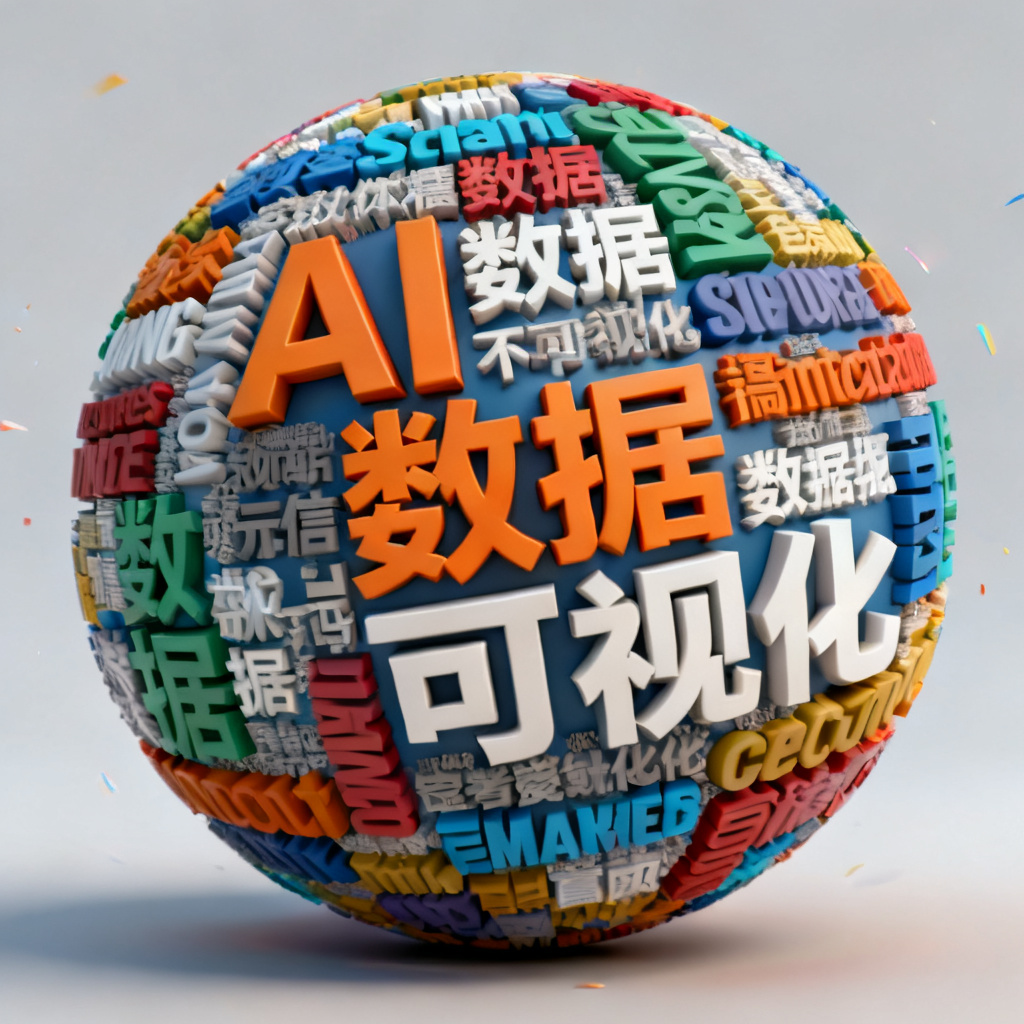 3D文字云示例：一个立体的球形文字云，关键词“AI”、“数据”、“可视化”等以不同颜色和大小分布在球体表面，带有动态旋转效果。