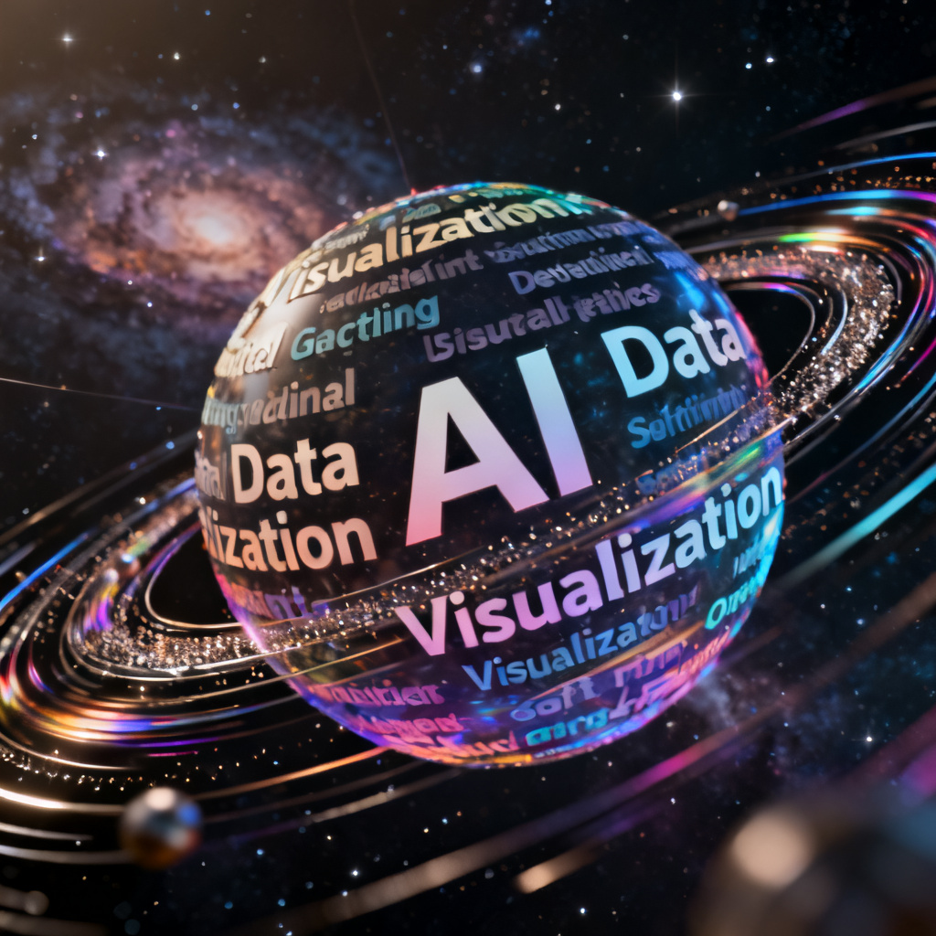 A 3D word cloud shaped like a spinning globe, with keywords "AI", "Data", "Visualization" floating in space, illuminated by dynamic lighting effects, rendered in photorealistic style
