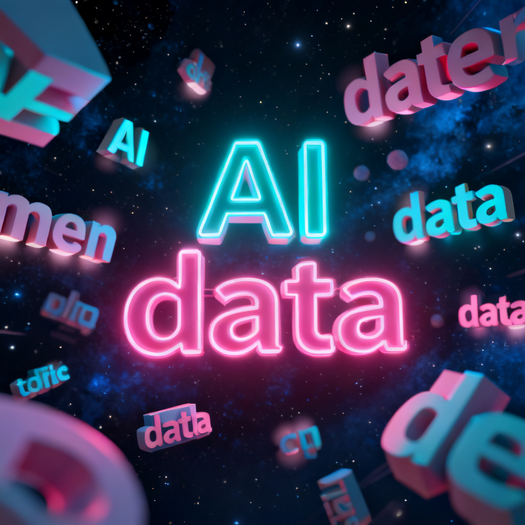 A 3D word cloud with glowing neon effects, floating in dark space, keywords like 'AI' and 'data' prominent, cinematic lighting