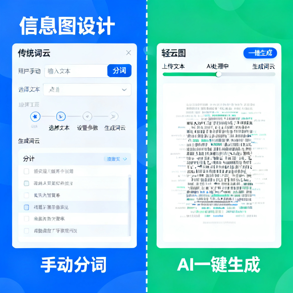 左侧展示传统词云工具手动分词的操作界面,右侧展示轻云图AI一键生成词云的过程,形成直观对比
