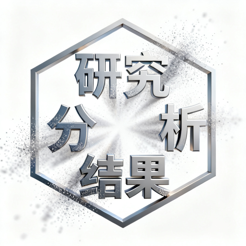 一个3D文字云模型，形状为六边形，关键词包括‘研究’、‘分析’、‘结果’，背景白色，带有粒子扩散动画