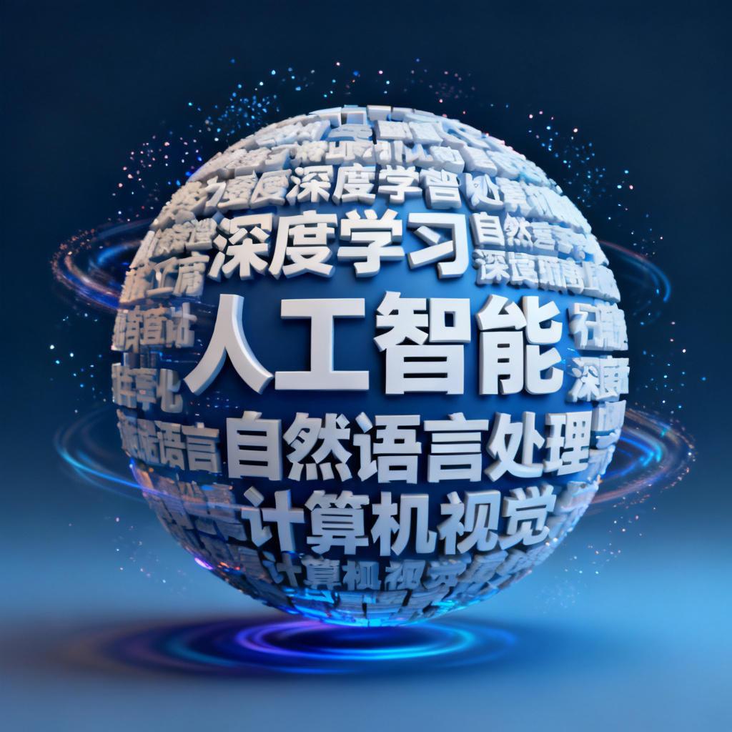 一个3D球体文字云，核心词“人工智能”位于球体中心，周围环绕“深度学习”“自然语言处理”“计算机视觉”等关键词，球体缓慢旋转，背景为深蓝色渐变，带有粒子光效