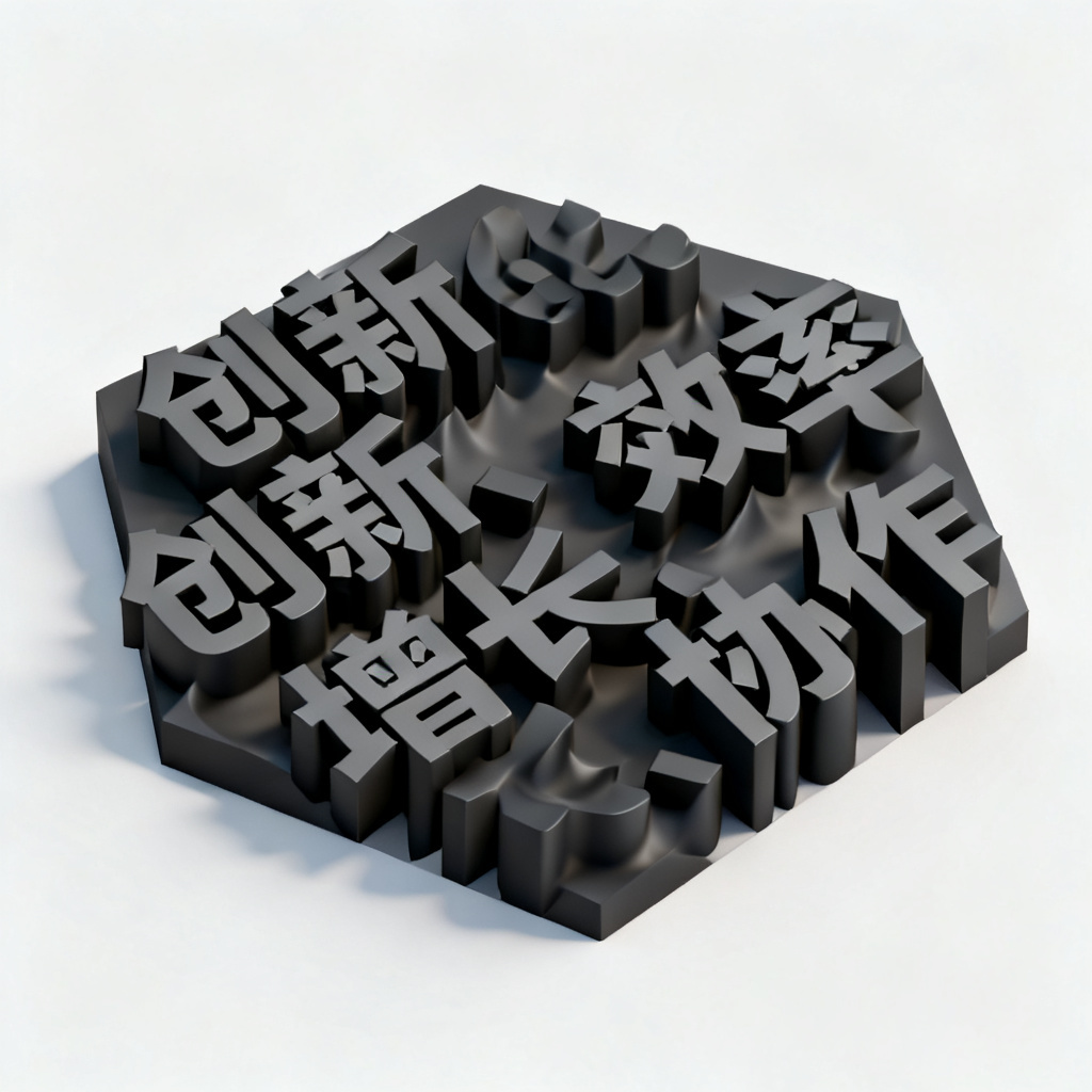一个3D文字云，形状为五边形，关键词包括“创新、效率、增长、协作”，背景纯白，字体黑色加粗，动画缓慢起伏