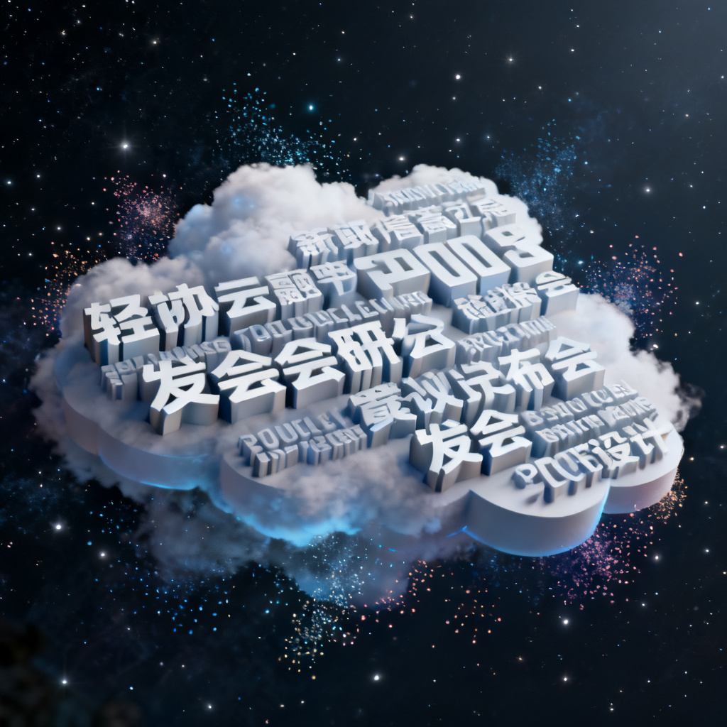 轻云图生成的3D文字云，词汇立体排列，背景为深色星空，具有粒子特效，适合发布会PPT