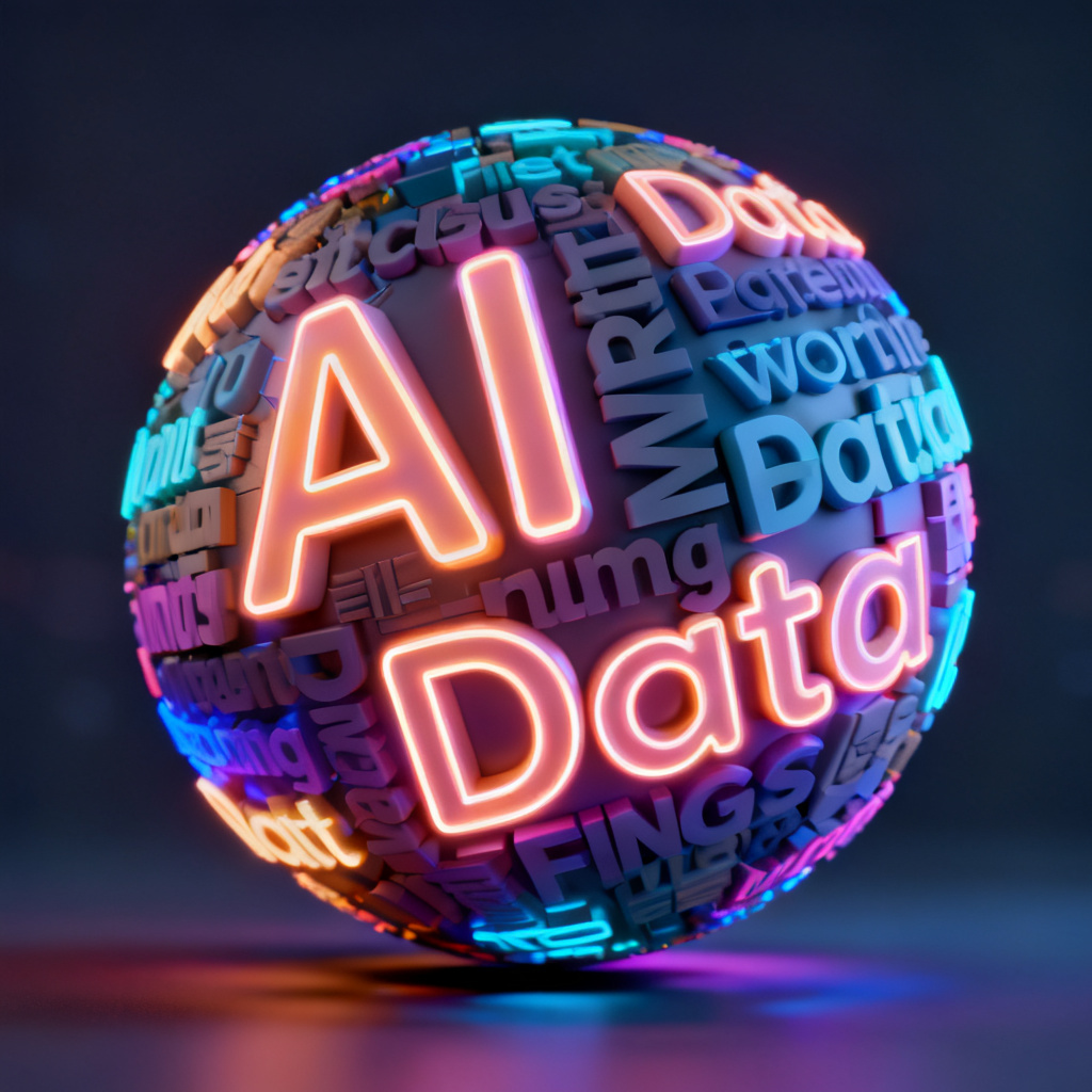 A vibrant 3D word cloud in the shape of a globe, with keywords like "AI" and "Data" glowing and rotating smoothly