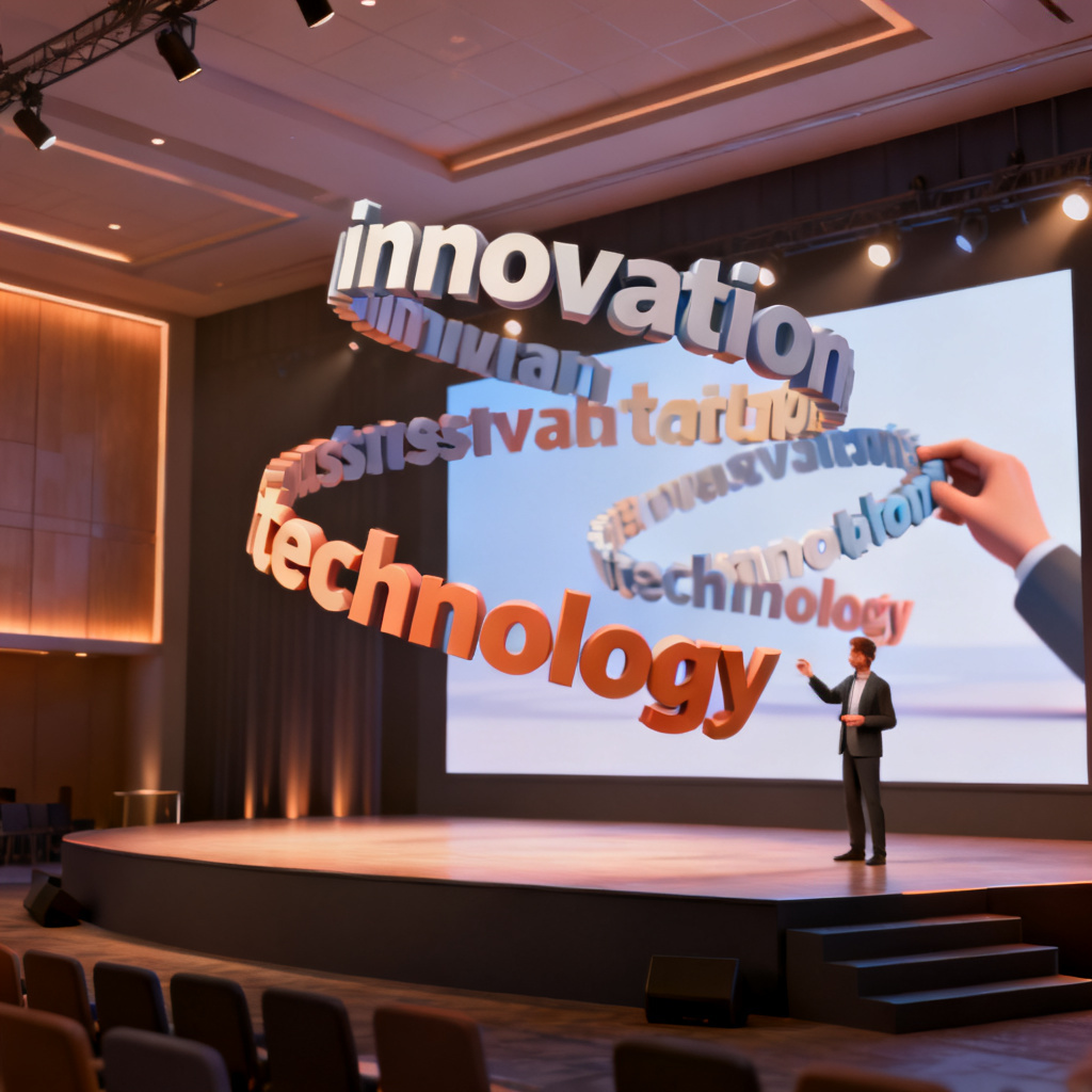A 3D word cloud floating above a conference stage, with keywords like "innovation" and "technology" rotating slowly. The background shows a large screen displaying the same 3D model being manipulated by a presenter.