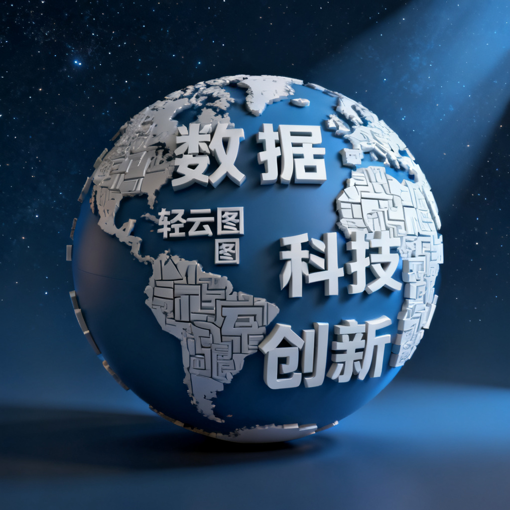 轻云图3D文字云界面,形状为地球,关键词包括“数据”“科技”“创新”,背景为深蓝色星空,光线从侧面照射,突出立体感,界面简洁现代