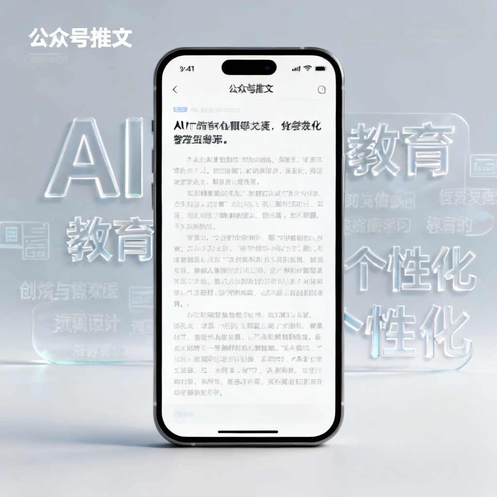 一个手机屏幕显示公众号推文，封面图是半透明文字云叠加在背景上，文字云包含“AI”、“教育”、“个性化”等词，风格简洁现代