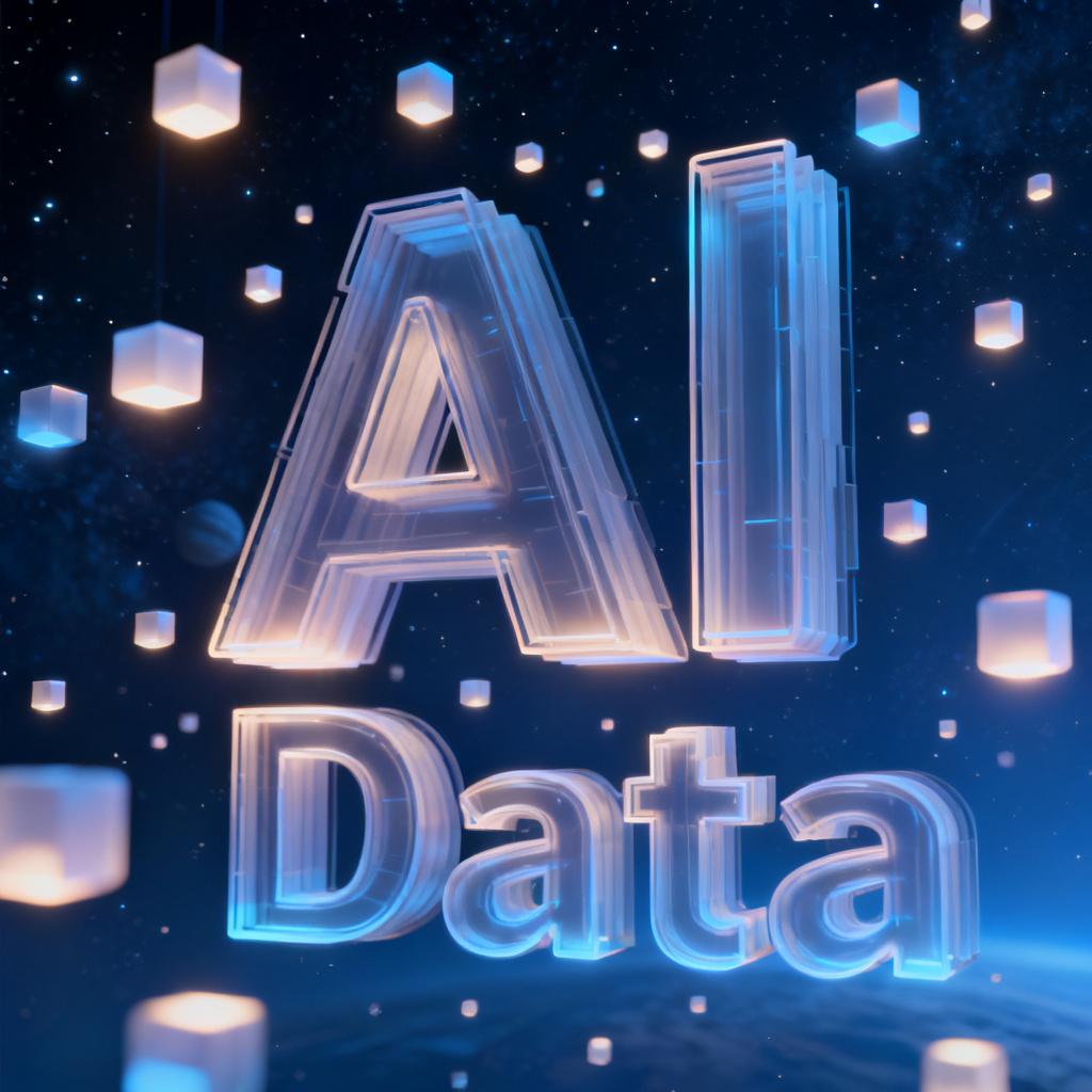 A 3D word cloud with glowing text particles floating in a dark blue space, keywords like "AI" and "Data" prominently displayed with depth and lighting effects