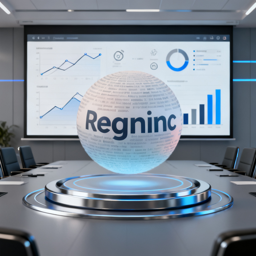 A business presentation slide with a rotating 3D word cloud embedded in the center, surrounded by sleek graphs and charts, in a modern conference room with a large screen.