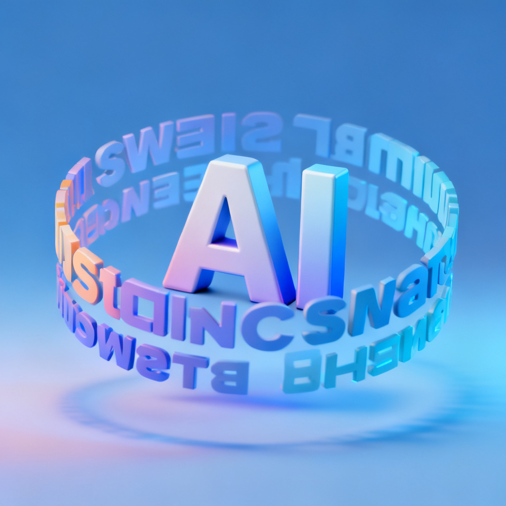 A 3D word cloud with the keyword 'AI' rotating in the center, soft blue gradient background, realistic lighting effects