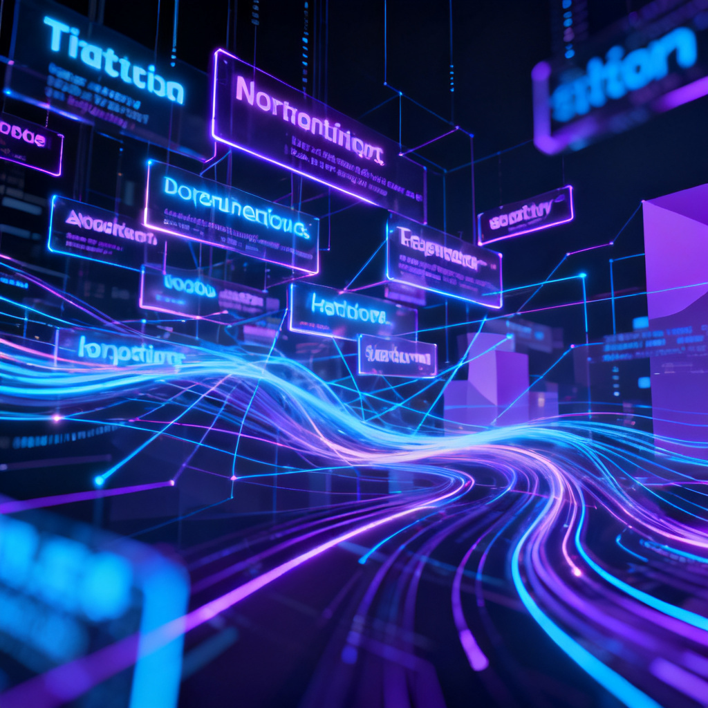 Abstract visualization of AI analyzing text and generating keywords, futuristic data flow with glowing lines