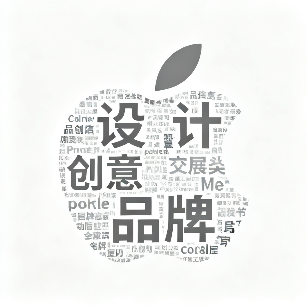 一个扁平化风格文字云，形状为苹果Logo，内部填充“设计”“创意”“品牌”等词，字体为无衬线体，颜色使用苹果品牌经典灰色和白色，背景纯白
