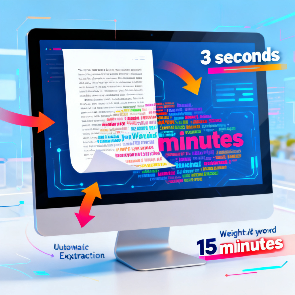 A detailed visualization of AI-driven text analysis, showing a computer screen with a text document being processed into a colorful word cloud, arrows indicating automatic keyword extraction and weight assignment, with timestamps "3 seconds" vs "15 minutes" highlighted