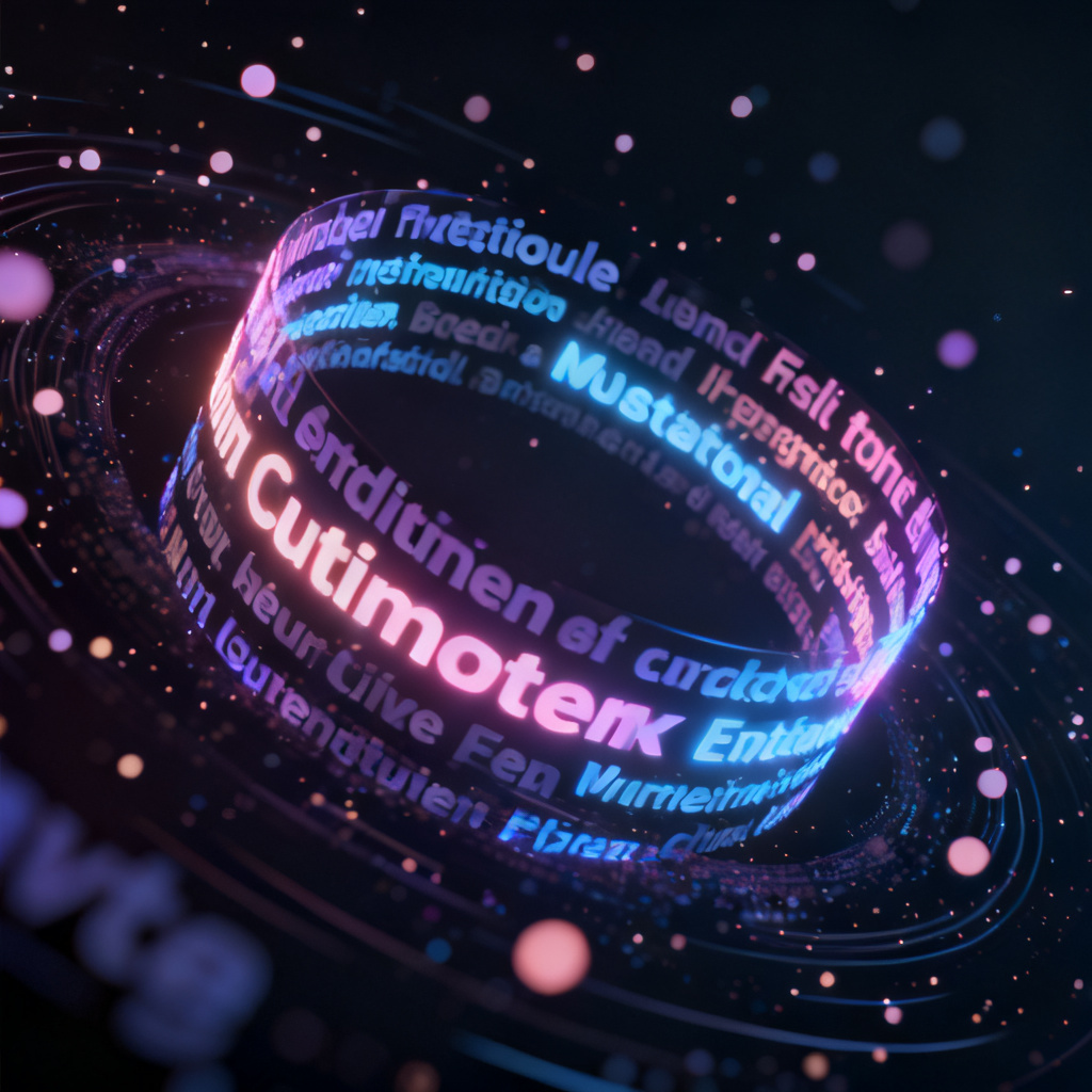 A dynamic 3D word cloud animation with glowing keywords rotating in space, set against a dark background with particle effects