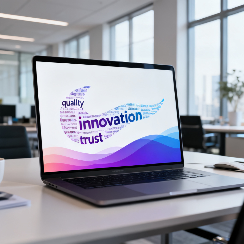 A word cloud in the shape of a brand logo, with keywords like "quality", "innovation", "trust" arranged in a flowing pattern. The background is a gradient of the brand's signature colors. The scene is set in a modern office, with a laptop displaying the word cloud on a presentation slide. The style is professional and sleek, suitable for a corporate case study.