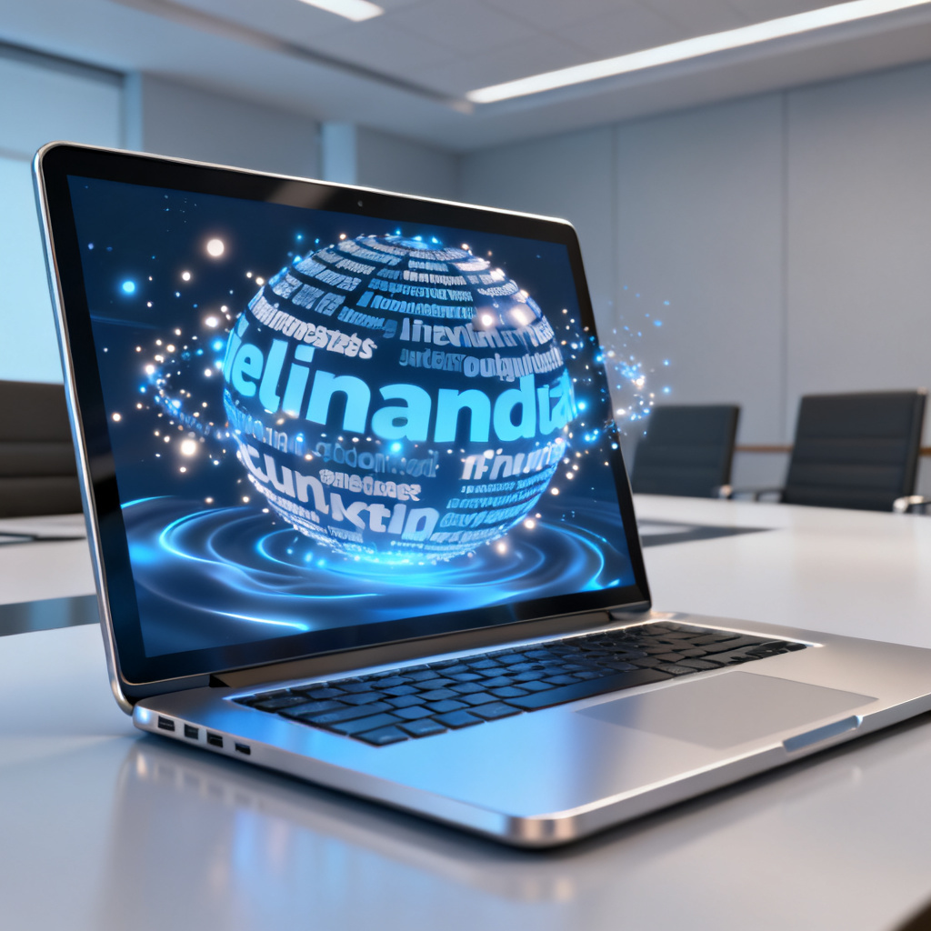 A 3D rotating word cloud with glowing particles and smooth animation, displayed on a modern laptop screen in a corporate meeting room.