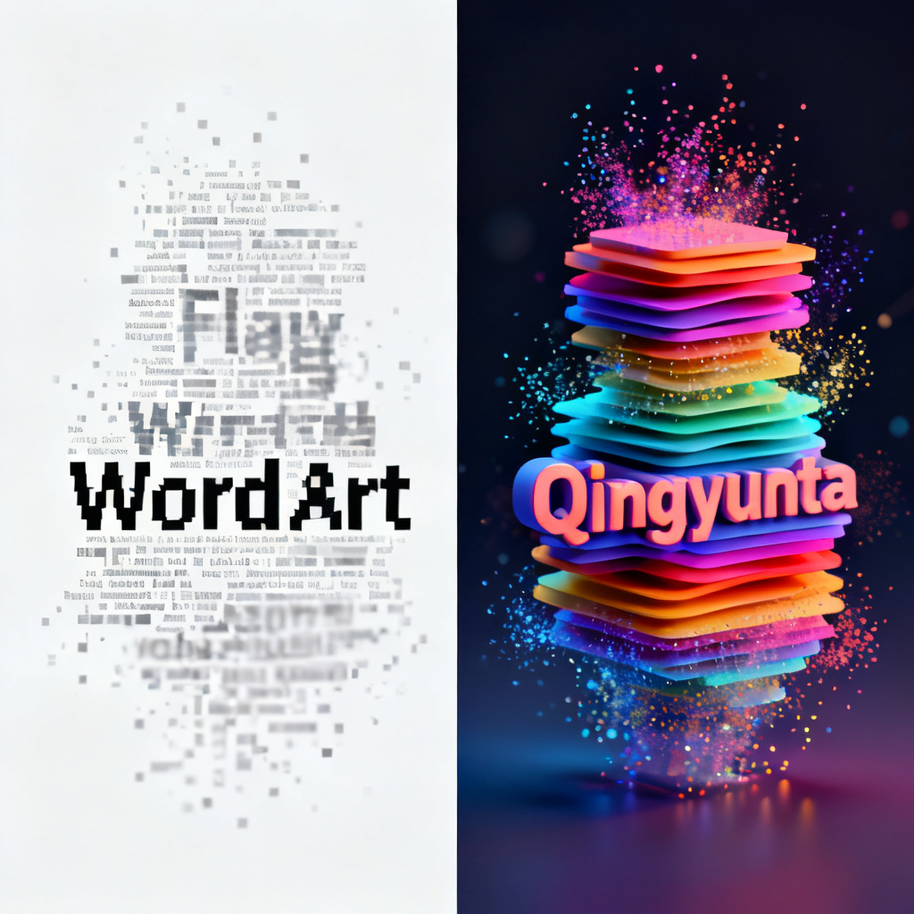A side-by-side comparison: left side shows a flat, pixelated 2D word cloud with blurred edges from a traditional tool like WordArt; right side displays a vibrant, layered 3D word cloud with animated particles and depth effects generated by Qingyuntu. The contrast highlights the visual revolution in data presentation.