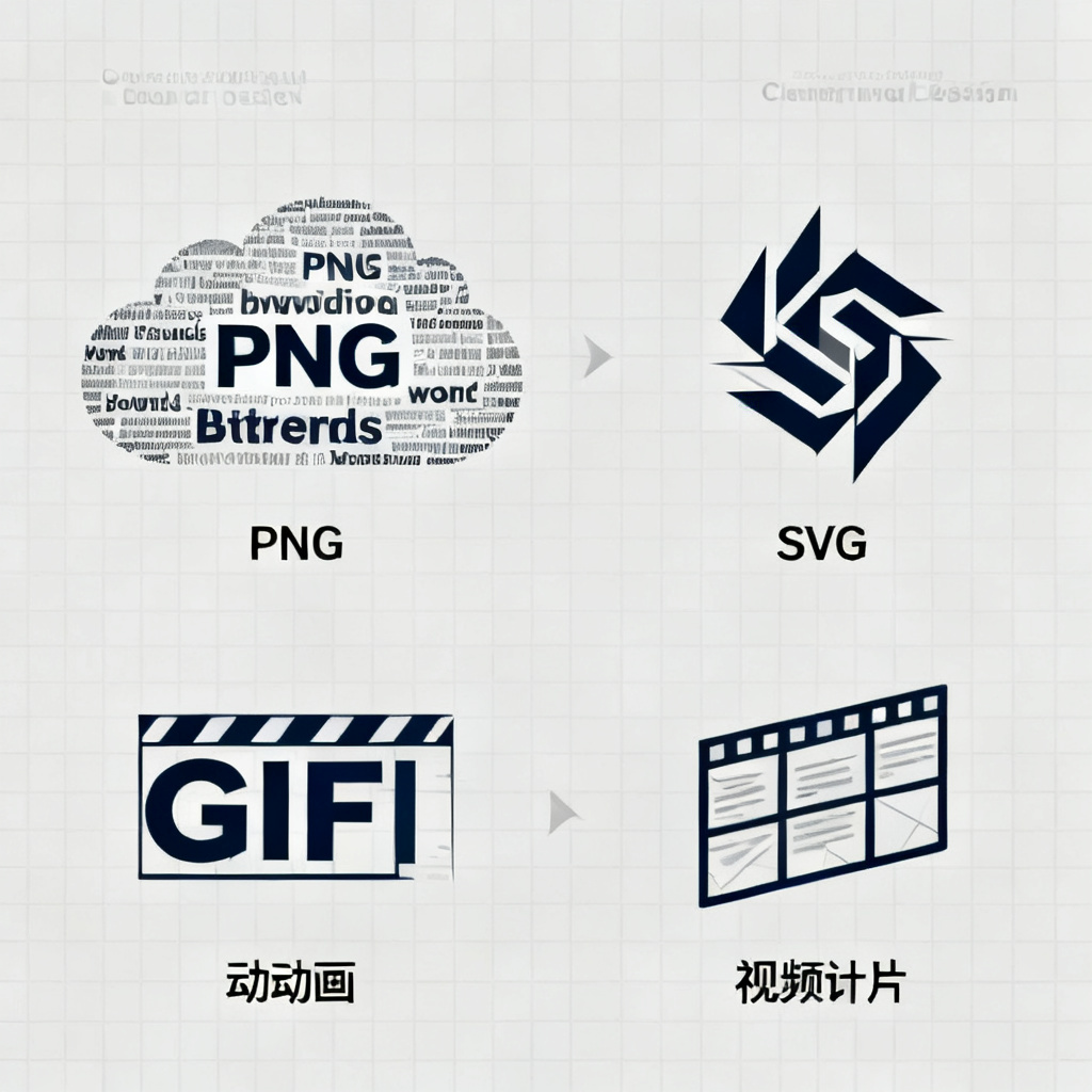 A montage of outputs: a PNG word cloud, an SVG logo, a GIF animation, and a video clip, all with the same text data, showcasing versatility, clean and professional style.