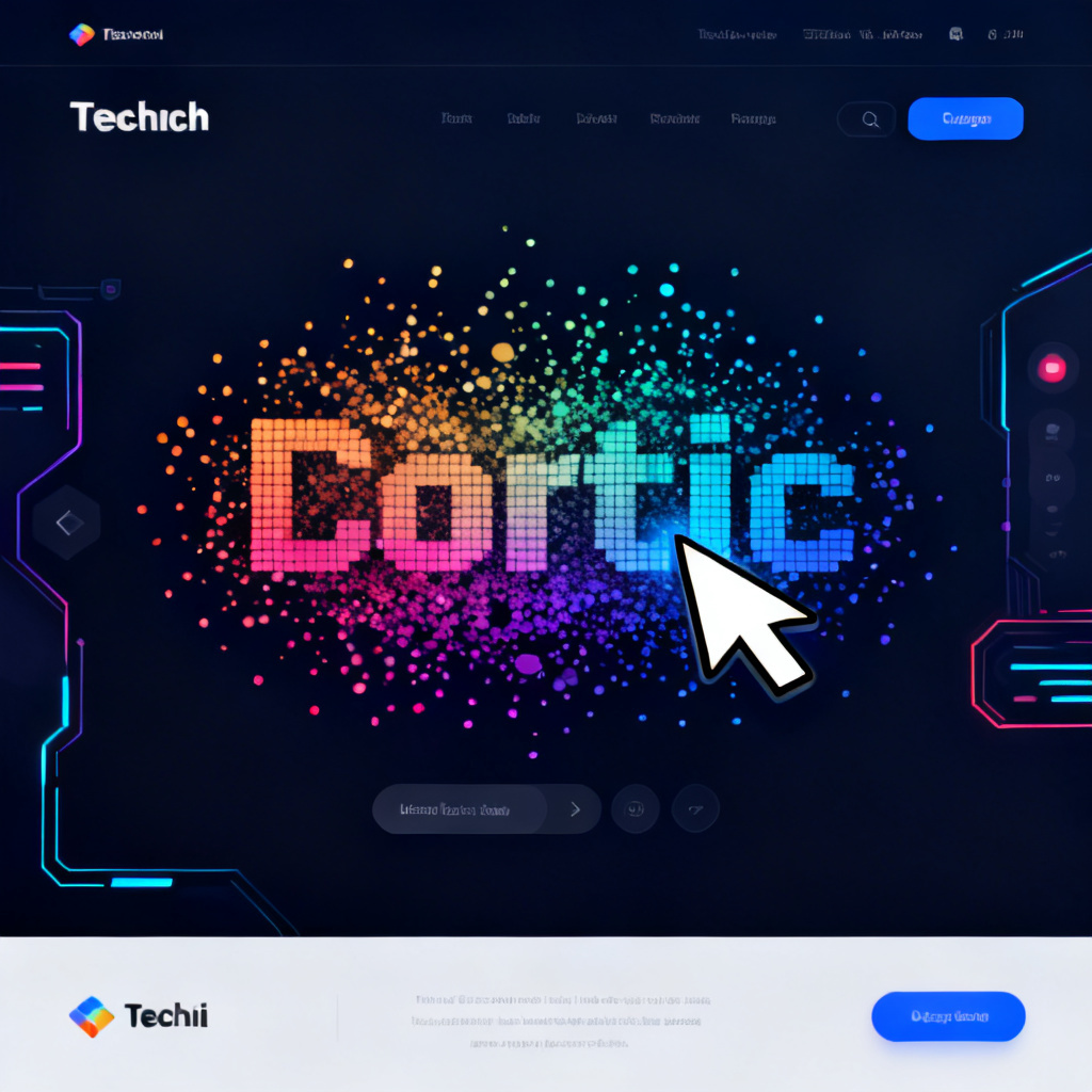 A modern website homepage, a word cloud with particle effects in the center, mouse cursor hovering over it, colorful and dynamic, tech-style UI