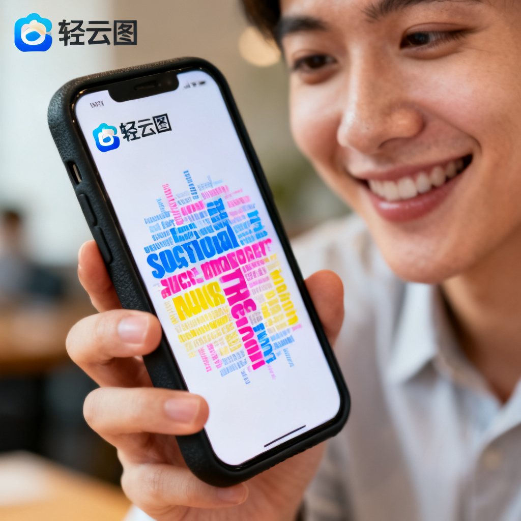 A social media manager smiling while looking at a colorful word cloud on a smartphone, with '轻云图' logo visible on the screen
