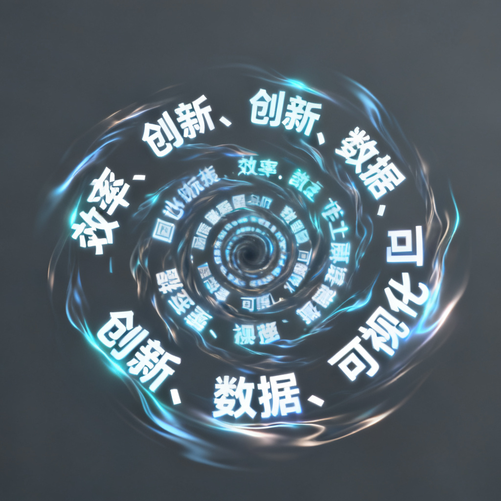 一个动态GIF文字云，关键词“效率、创新、数据、可视化”呈螺旋排列，文字有发光流动特效，背景为深灰色