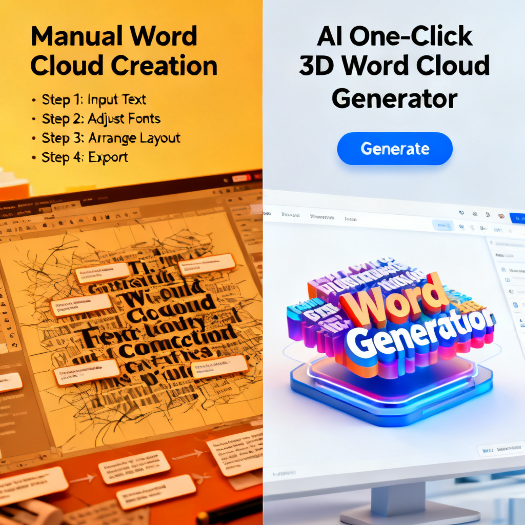 A split-screen comparison: left side shows a complex manual word cloud creation process with messy interface and multiple steps, right side shows a clean, one-click generation interface of a modern AI tool producing a stunning 3D word cloud.