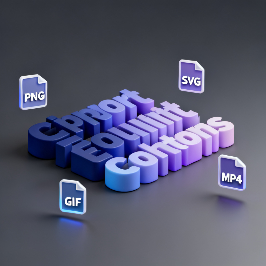 A final, comprehensive view of a 3D word cloud with multiple export formats (PNG, SVG, GIF, MP4) floating around it, symbolizing the versatility of a modern word cloud tool.