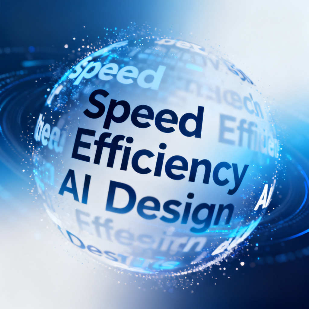 An animated word cloud generated by Qingyuntu, with keywords like "Speed", "Efficiency", "AI", "Design" rotating and fading in and out in a circular motion, set against a futuristic blue-and-white gradient background, with particle effects