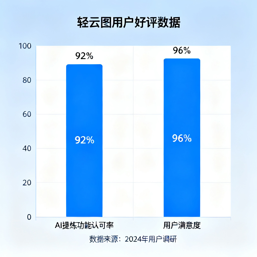 轻云图用户好评截图或满意度数据可视化图，展示92%用户认可AI提炼功能、96%满意度等数据