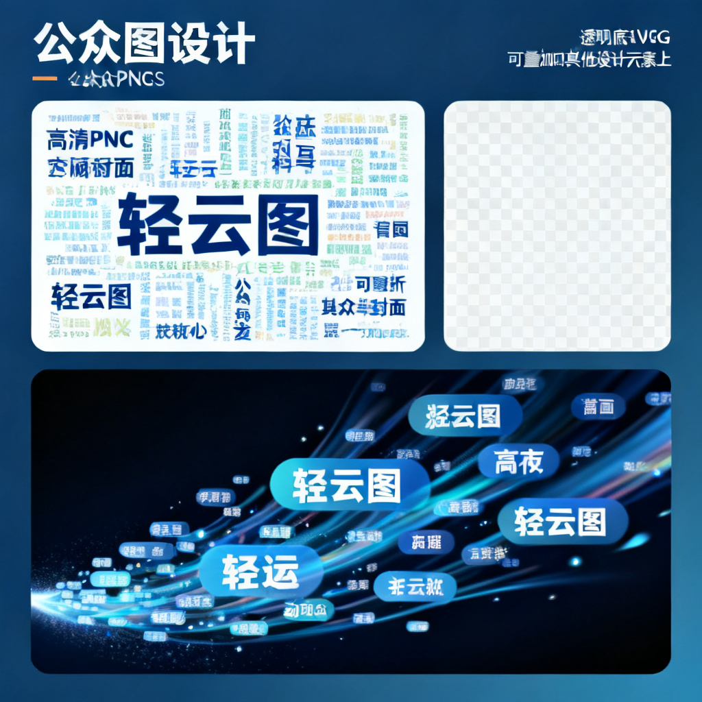 轻云图输出格式展示:左上方为高清PNG格式文字云,用于公众号封面;右上方为透明底SVG格式,可叠加在其他设计元素上;下方为动态GIF格式,文字云中的关键词依次放大缩小,形成流动效果