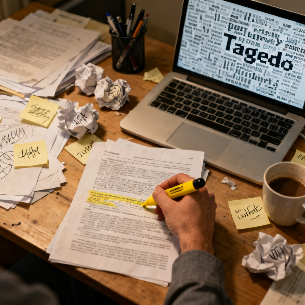 A cluttered desk with a person manually highlighting text in a document, surrounded by sticky notes and a laptop displaying a static, low-resolution word cloud from Tagxedo, symbolizing inefficient manual workflows.