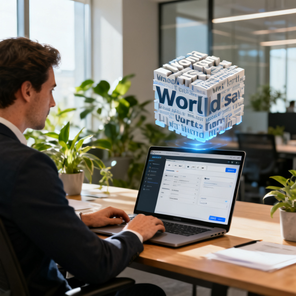 A professional office scene, a person sitting at a desk with a laptop, the screen shows a word cloud creation interface, a 3D word cloud floating above the laptop, modern office background with plants and natural light, photorealistic, 4K resolution