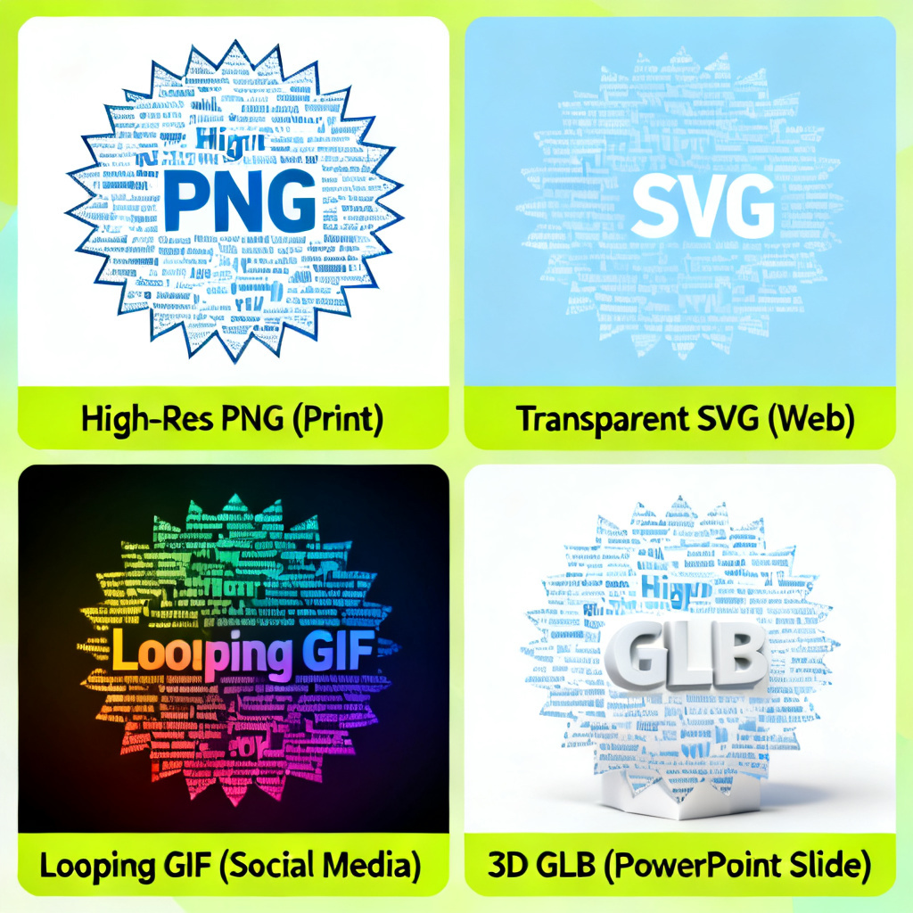 A collage showing the same word cloud exported in multiple formats: a high-res PNG for print, a transparent SVG for web, a looping GIF for social media, and a 3D GLB model embedded in a PowerPoint slide