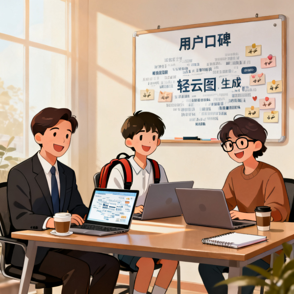 一张用户反馈场景图，三位不同职业的人（商务人士、学生、设计师）围坐在一张办公桌旁，每人面前都有一台笔记本电脑，屏幕上显示轻云图生成的文字云，他们面带微笑，桌面上有咖啡和笔记，背景墙上挂着一块写有“用户口碑”的白板，上面贴满好评标签