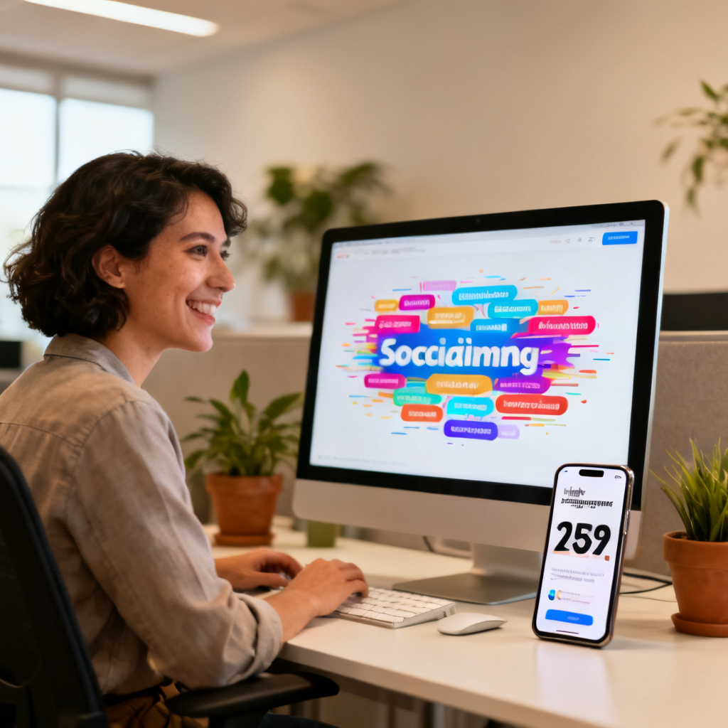A social media manager smiling at a computer screen displaying an animated word cloud, with phone showing high engagement metrics, modern office setting.