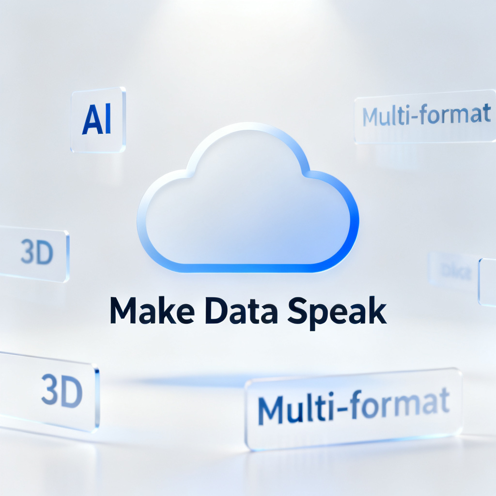 A final summary image showing the lightweight cloud logo with the tagline "Make Data Speak" in a modern, clean design, surrounded by floating keywords like "AI," "3D," and "Multi-format."