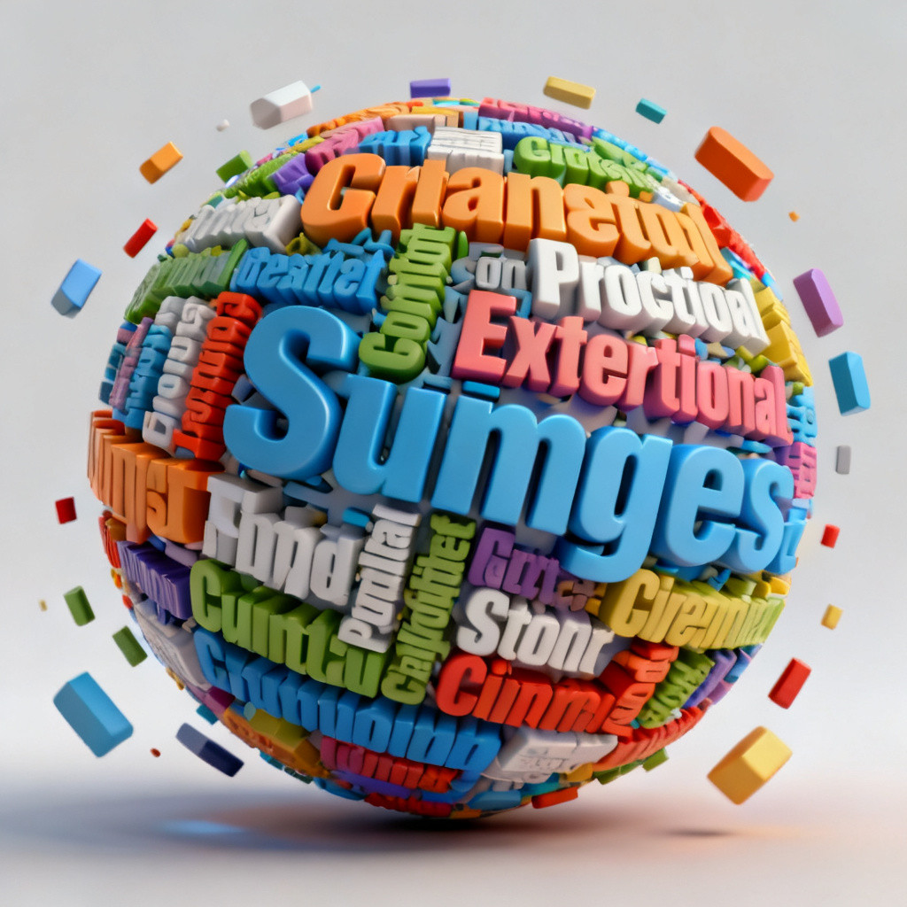 A 3D text cloud with vibrant colors and dynamic animation, keywords floating and rotating in a spherical shape, professional presentation style, high resolution
