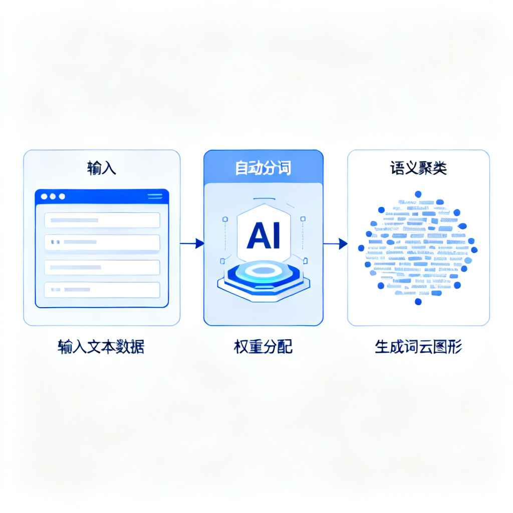 一张展示AI自动生成词云的流程图，左侧输入文本数据，中间经过AI语义分析引擎处理，右侧输出完整的词云图形，画面中标注“自动分词”“权重分配”等关键步骤，整体风格简洁科技感。