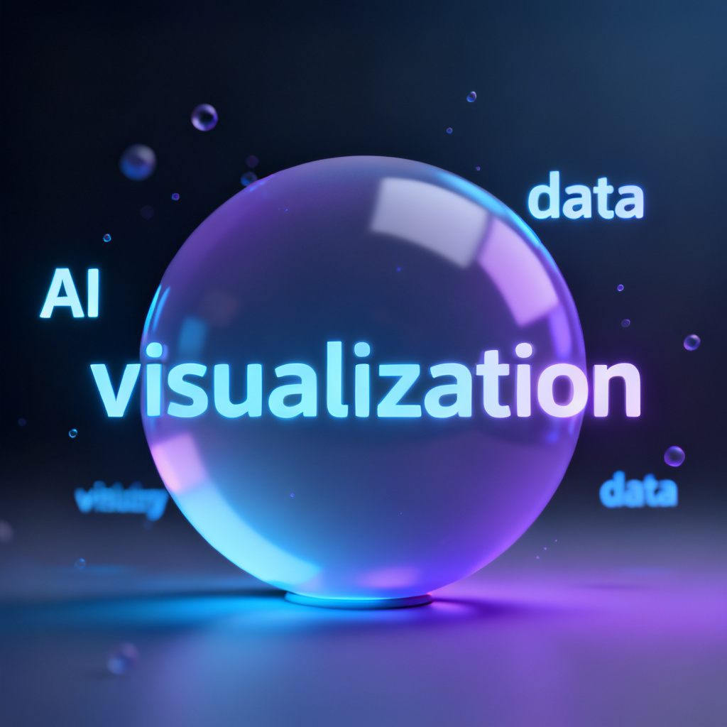 A 3D word cloud shaped like a glowing sphere, with keywords "AI", "data", "visualization" floating in mid-air, surrounded by subtle particle effects. The background is a dark gradient with soft blue and purple hues. The style is futuristic and minimalist, resembling a tech conference presentation slide.