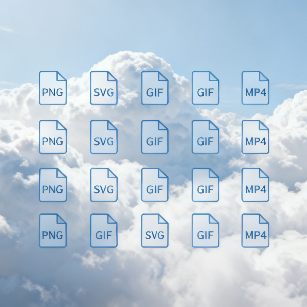 多种格式的文件图标排列在屏幕上,包括PNG、SVG、GIF、MP4,背景为轻云图界面,风格简约