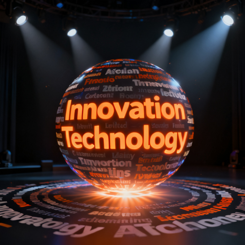 A dynamic word cloud transforming from a flat 2D layout into a 3D sphere, with keywords like "Innovation" and "Technology" glowing in orange. The background is a dark stage with spotlights.
