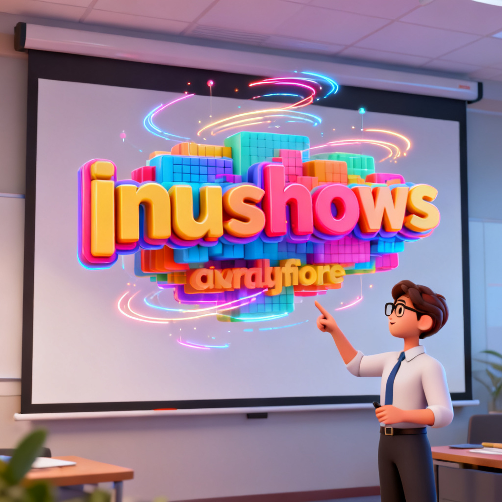 A dynamic 3D word cloud with vibrant colors and animation trails, floating above a presentation slide, with a presenter pointing at it, symbolizing advanced visualization